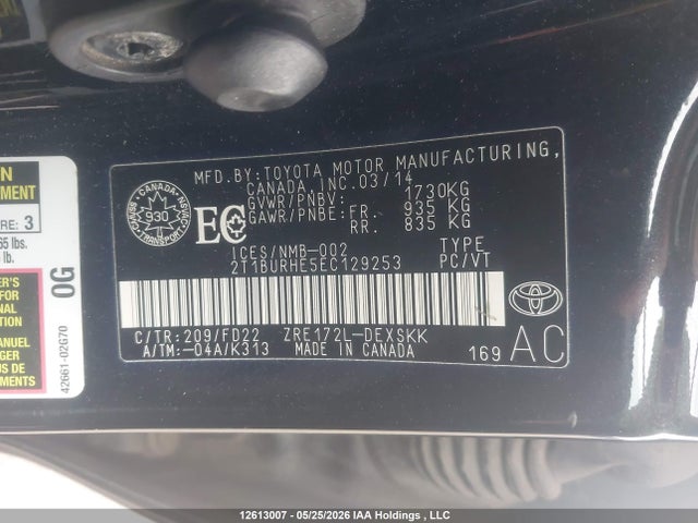 Aukcja sprzedaży 2014 Toyota Corolla L/le/le Pls/prm/s/s Pls, vin: 2T1BURHE5EC129253, numer aukcji: 12613007