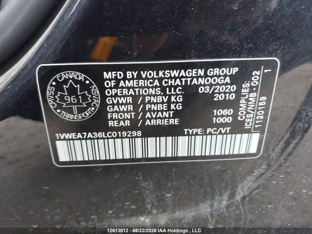 Auction sale of the 2020 Volkswagen Passat Execline, vin: 1VWEA7A36LC019298, lot number: 12613012