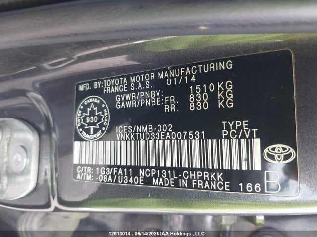 Продаж на аукціоні авто 2014 Toyota Yaris, vin: VNKKTUD33EA007531, номер лоту: 12613014