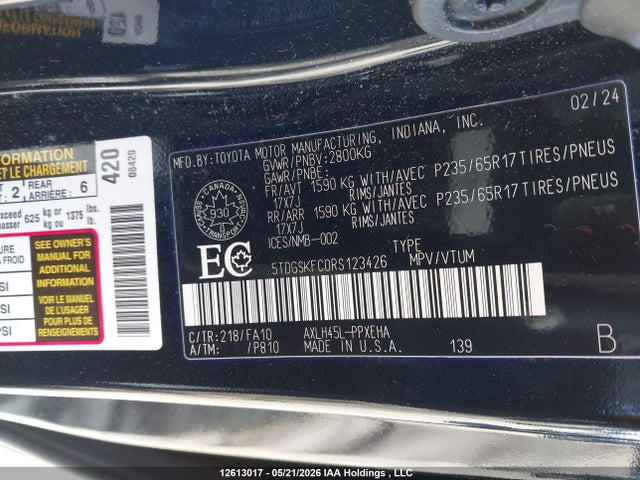 Продаж на аукціоні авто 2024 Toyota Sienna Le/xse/limited/platinum, vin: 5TDGSKFC0RS123426, номер лоту: 12613017