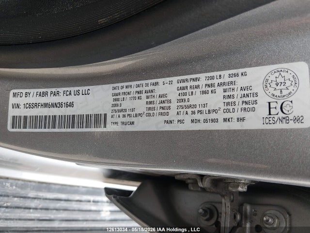 Aukcja sprzedaży 2022 Ram 1500 Limited, vin: 1C6SRFHM6NN361646, numer aukcji: 12613034
