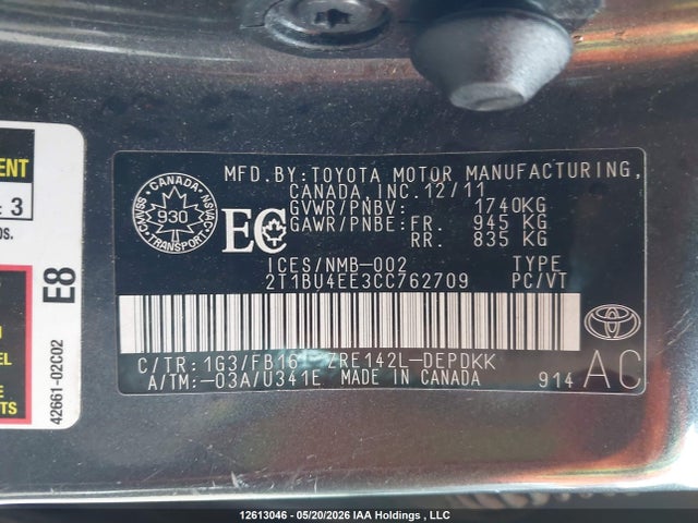 12613046 :رقم المزاد ، 2T1BU4EE3CC762709 vin ، 2012 Toyota Corolla Ce مزاد بيع