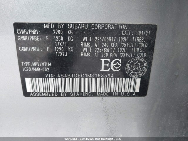 Aukcja sprzedaży 2021 Subaru Outback Touring, vin: 4S4BTDEC1M3168594, numer aukcji: 12613051