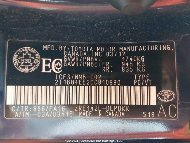 12610134 :رقم المزاد ، 2T1BU4EE2CC810880 vin ، 2012 Toyota Corolla Ce مزاد بيع