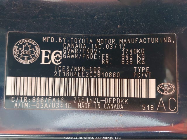 12610134 :رقم المزاد ، 2T1BU4EE2CC810880 vin ، 2012 Toyota Corolla Ce مزاد بيع