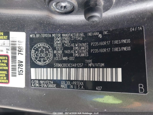 Продаж на аукціоні авто 2014 Toyota Sienna Le 8 Passenger, vin: 5TDKK3DCXES481257, номер лоту: 12613060
