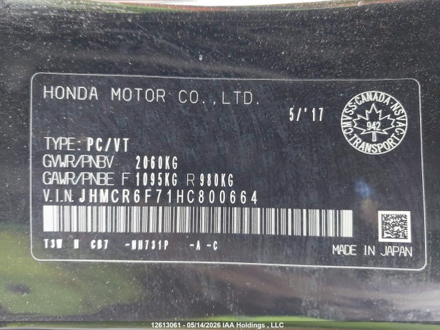 JHMCR6F71HC800664 Honda Accord Touring Hybrid