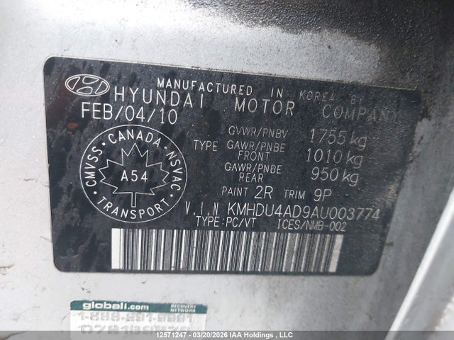Aukcja sprzedaży 2010 Hyundai Elantra Gls, vin: KMHDU4AD9AU003774, numer aukcji: 12571247