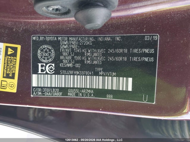 2019 Toyota Highlander Se/xle მანქანა იყიდება აუქციონზე, vin: 5TDJZRFH9KS978041, აუქციონის ნომერი: 12613062