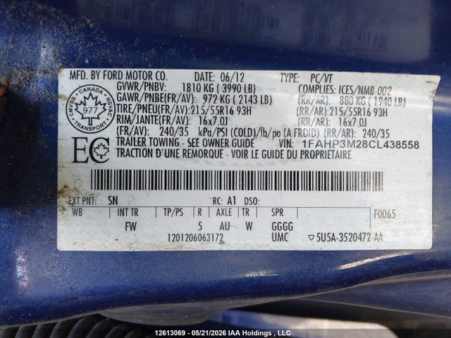 Aukcja sprzedaży 2012 Ford Focus, vin: 1FAHP3M28CL438558, numer aukcji: 12613069