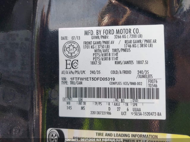 Aukcja sprzedaży 2013 Ford F150 Supercrew, vin: 1FTFW1ET5DFD05319, numer aukcji: 12613071
