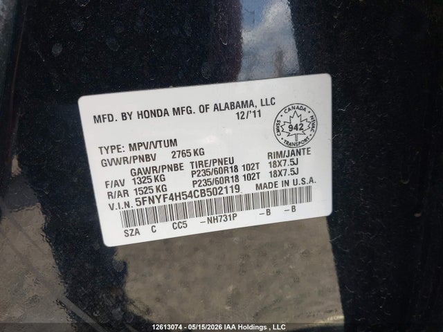 2012 Honda Pilot Exl მანქანა იყიდება აუქციონზე, vin: 5FNYF4H54CB502119, აუქციონის ნომერი: 12613074