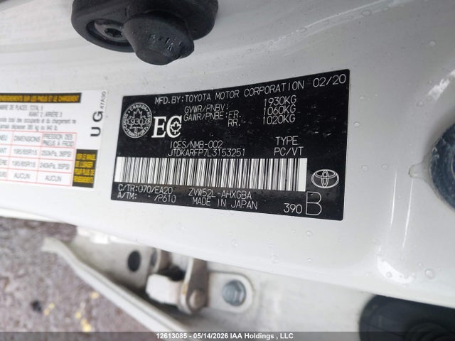 12613085 :رقم المزاد ، JTDKARFP7L3153251 vin ، 2020 Toyota Prius Prime Le/xle/limited مزاد بيع