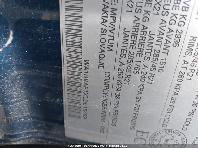 12613094 :رقم المزاد ، WA1DVAF1XLD015489 vin ، 2020 Audi Q8 مزاد بيع