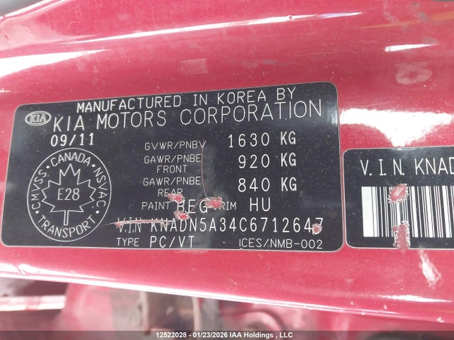 Aukcja sprzedaży 2012 Kia Rio Ex/lx/lx+, vin: KNADN5A34C6712647, numer aukcji: 12522028
