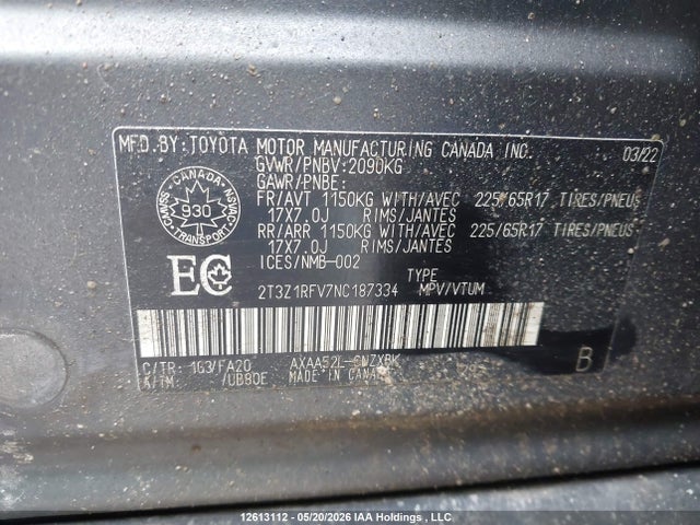 Aukcja sprzedaży 2022 Toyota Rav4 Le, vin: 2T3Z1RFV7NC187334, numer aukcji: 12613112