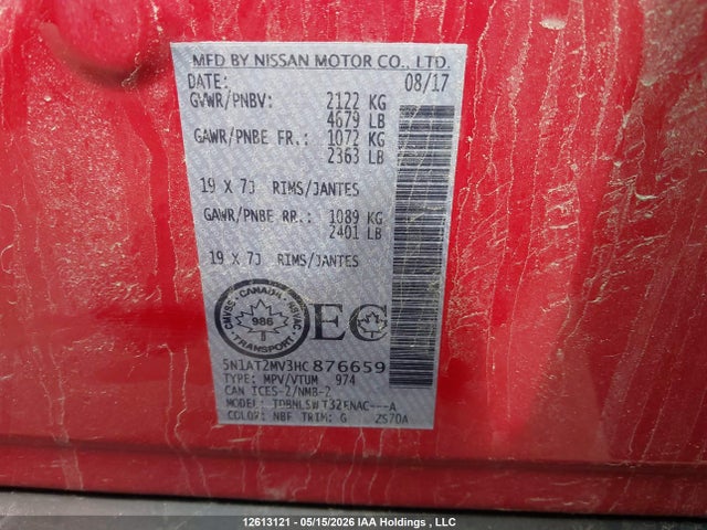 5N1AT2MV3HC876659 Nissan Rogue Sv/sl