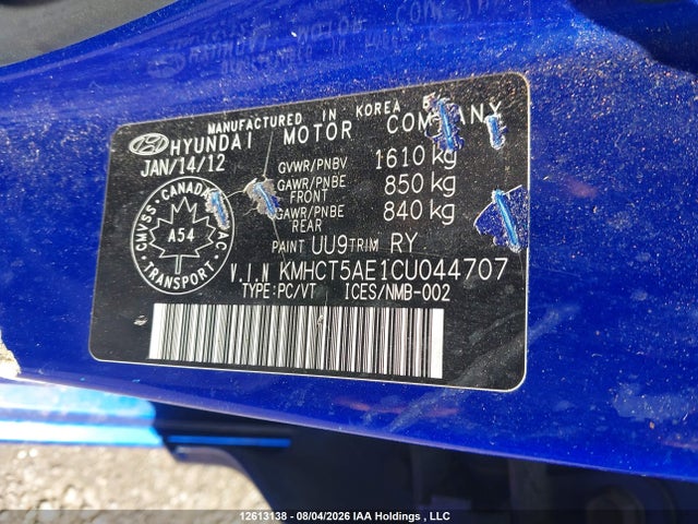 12613138 :رقم المزاد ، KMHCT5AE1CU044707 vin ، 2012 Hyundai Accent Gl مزاد بيع