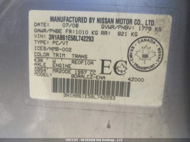 2008 Nissan Sentra 2.0/2.0s/2.0sl მანქანა იყიდება აუქციონზე, vin: 3N1AB61E58L742293, აუქციონის ნომერი: 12613147