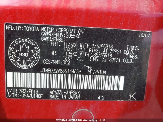 Aukcja sprzedaży 2008 Toyota Rav4 Sport, vin: JTMBD32V885144689, numer aukcji: 12613148