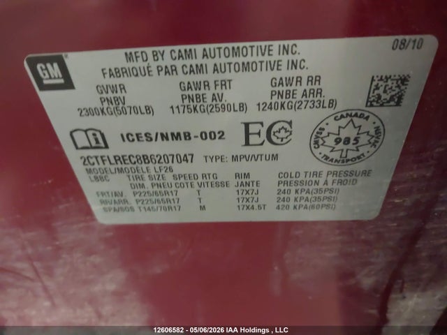 12606582 :رقم المزاد ، 2CTFLREC8B6207047 vin ، 2011 Gmc Terrain Sle-1 مزاد بيع