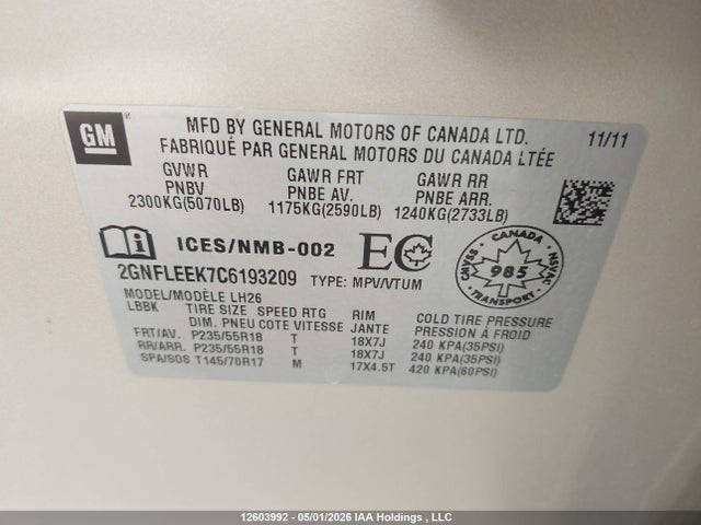 Aukcja sprzedaży 2012 Chevrolet Equinox 1lt, vin: 2GNFLEEK7C6193209, numer aukcji: 12603992
