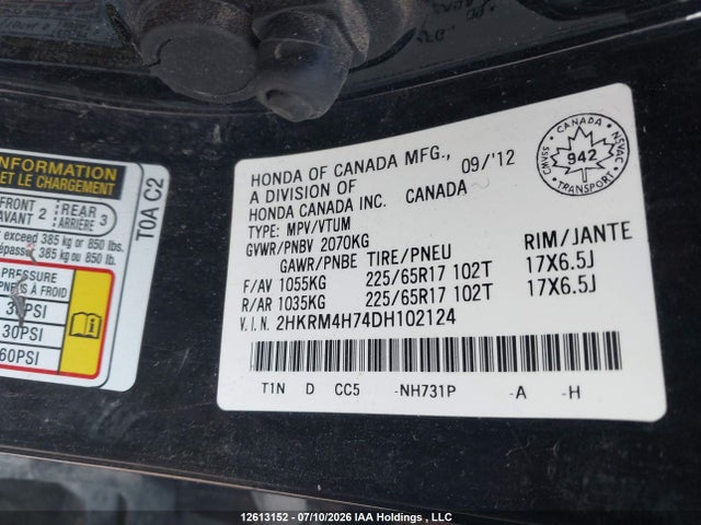 Aukcja sprzedaży 2013 Honda Cr-v Exl, vin: 2HKRM4H74DH102124, numer aukcji: 12613152