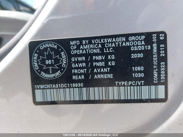 12613154 :رقم المزاد ، 1VWCH7A31DC119930 vin ، 2013 Volkswagen Passat 2.5l Highline مزاد بيع