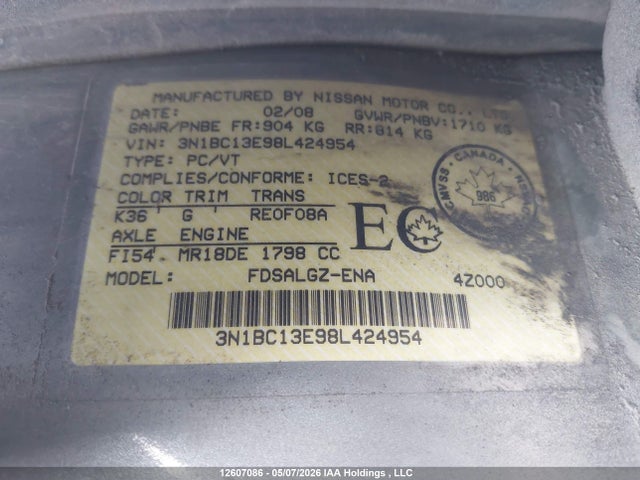 Продаж на аукціоні авто 2008 Nissan Versa 1.8sl, vin: 3N1BC13E98L424954, номер лоту: 12607086