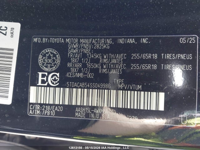 12613156 :رقم المزاد ، 5TDACAB54SS049986 vin ، 2025 Toyota Grand Highlander Hybrid Xle مزاد بيع