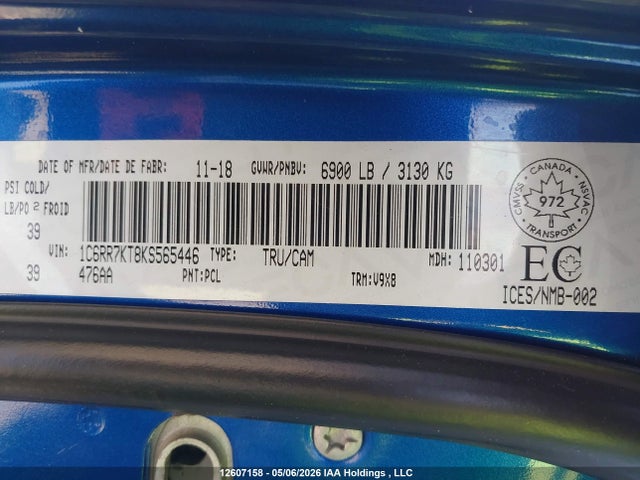 12607158 :رقم المزاد ، 1C6RR7KT8KS565446 vin ، 2019 Ram 1500 Classic St مزاد بيع