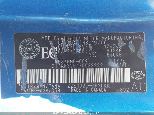 12603151 :رقم المزاد ، 2T1KR32E17C638282 vin ، 2007 Toyota Matrix Wagon مزاد بيع
