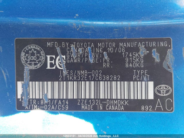 12603151 :رقم المزاد ، 2T1KR32E17C638282 vin ، 2007 Toyota Matrix Wagon مزاد بيع