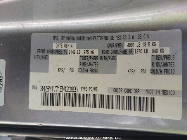 2014 Mazda 3 Touring მანქანა იყიდება აუქციონზე, vin: 3MZBM1V71EM120805, აუქციონის ნომერი: 12613162