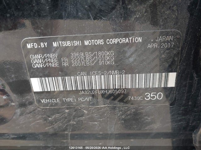 12613165 :رقم المزاد ، JA32U2FUXHU605097 vin ، 2017 Mitsubishi Lancer Es/se Anniversary Edition/se Black Edition/se Ltd مزاد بيع