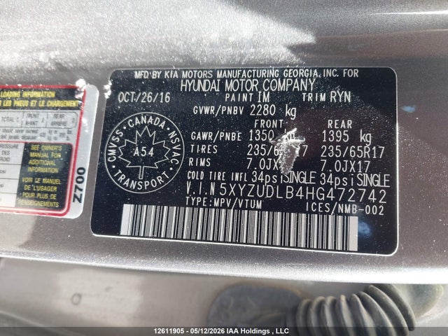 5XYZUDLB4HG472742 Hyundai Santa Fe Sport 2.4 Se