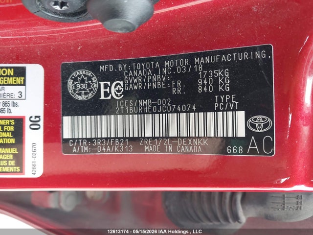 Toyota Corolla 2018 2T1BURHE0JC074074 Image 9