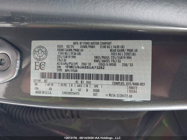 Aukcja sprzedaży 2025 Ford Escape Platinum, vin: 1FMCU9JA8SUA73282, numer aukcji: 12613176