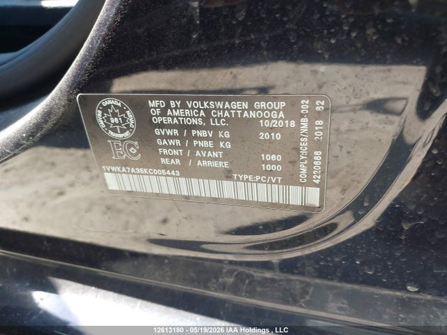 12613180 :رقم المزاد ، 1VWKA7A35KC005443 vin ، 2019 Volkswagen Passat Wolfsburg Edition مزاد بيع