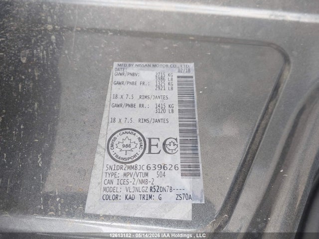 2018 Nissan Pathfinder S/sv/sl/platinum მანქანა იყიდება აუქციონზე, vin: 5N1DR2MM8JC639626, აუქციონის ნომერი: 12613182