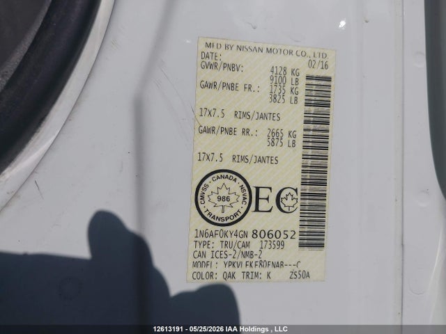 Продажа на аукционе авто 2016 Nissan Nv Cargo Nv3500 Hd S V8/sv V8, vin: 1N6AF0KY4GN806052, номер лота: 12613191