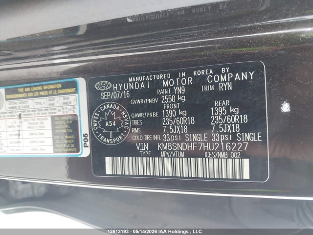 KM8SNDHF7HU216227 Hyundai Santa Fe Se/limited