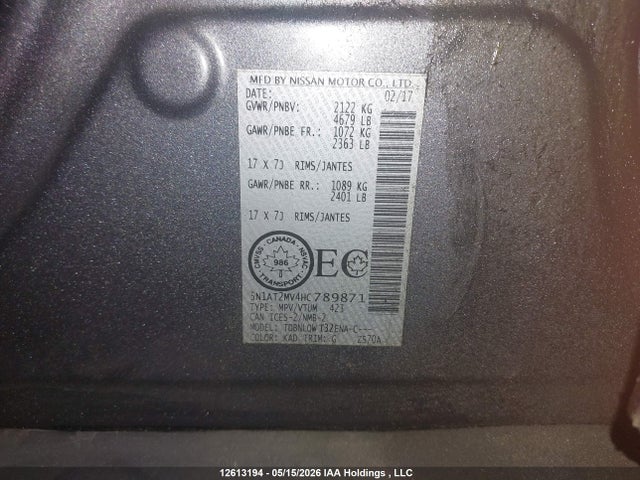 5N1AT2MV4HC789871 Nissan Rogue S/sl Platinum/sv