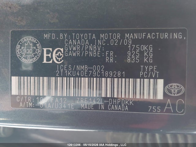 12613206 :رقم المزاد ، 2T1KU40E79C189281 vin ، 2009 Toyota Matrix مزاد بيع