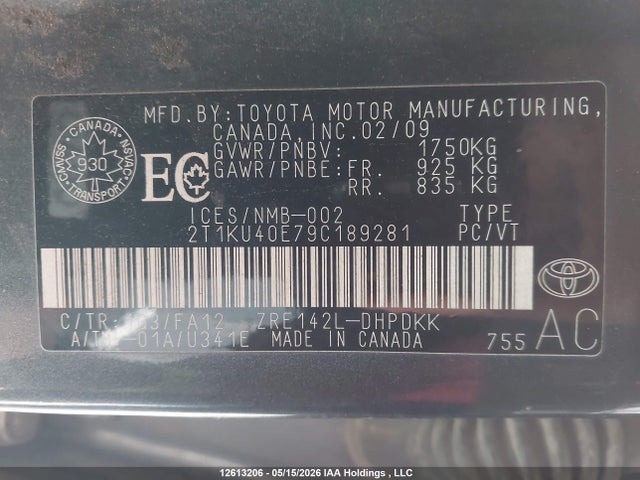 12613206 :رقم المزاد ، 2T1KU40E79C189281 vin ، 2009 Toyota Matrix مزاد بيع