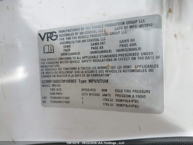 2012 Mobility Ventures Mv1 მანქანა იყიდება აუქციონზე, vin: 523MF1A6XCM100803, აუქციონის ნომერი: 12613215