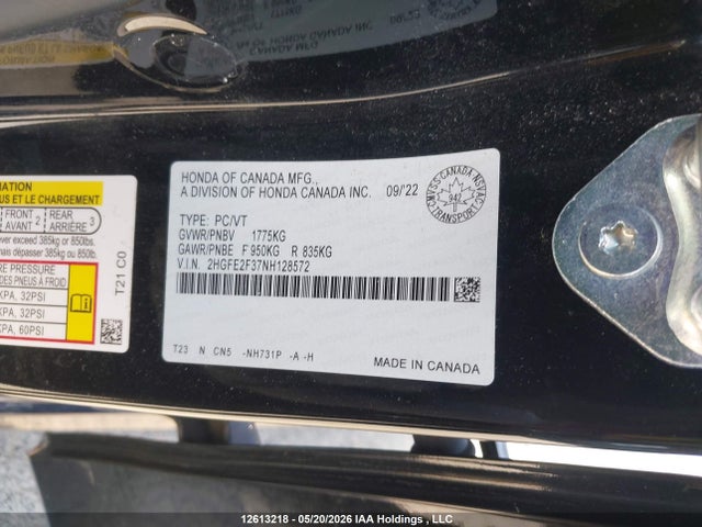Продаж на аукціоні авто 2022 Honda Civic Ex 4dr, vin: 2HGFE2F37NH128572, номер лоту: 12613218
