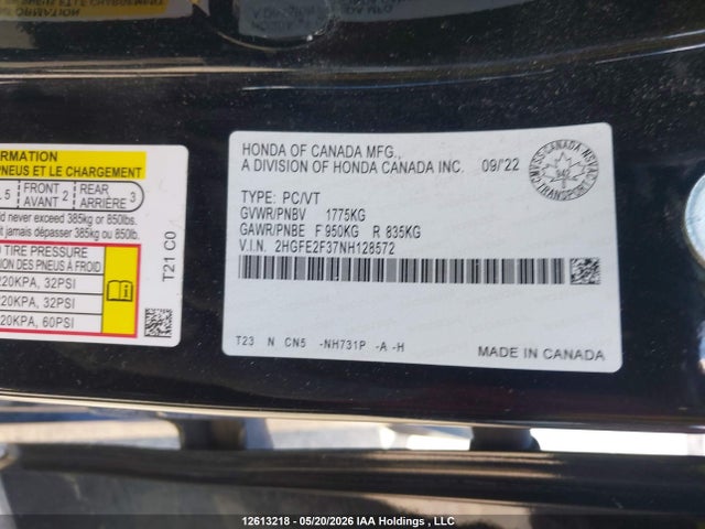 Продаж на аукціоні авто 2022 Honda Civic Ex 4dr, vin: 2HGFE2F37NH128572, номер лоту: 12613218