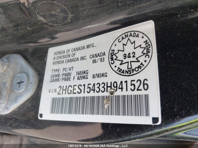 Продаж на аукціоні авто 2003 Honda Civic, vin: 2HGES15433H941526, номер лоту: 12613219
