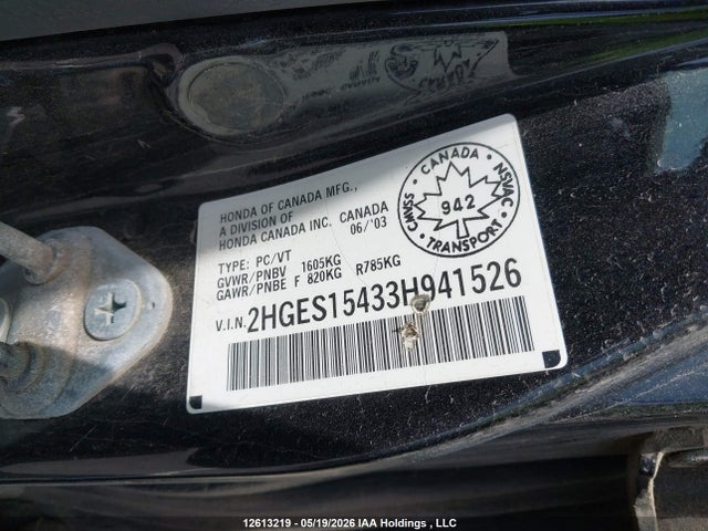 Продаж на аукціоні авто 2003 Honda Civic, vin: 2HGES15433H941526, номер лоту: 12613219